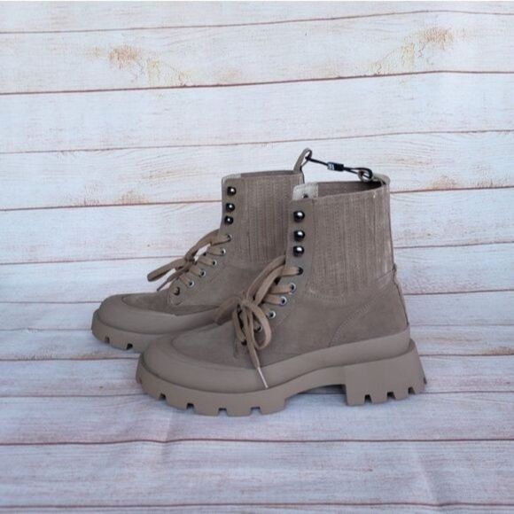 Zara Lug Sole Leather Suede Front Lace Up Ankle Boots Booties Combat Size 40 - Picture 2 of 13